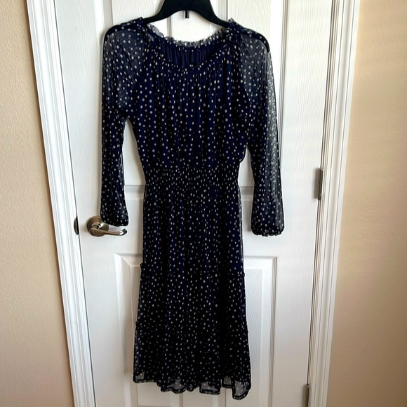 KATE & Lily Navy Blue Polka Dot Long Sleeve Sheer Midi Dress Size 8 - Picture 1 of 11